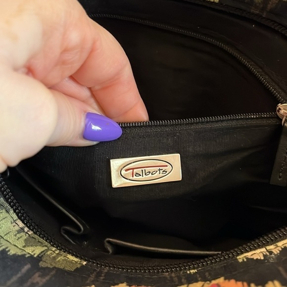 Talbots Floral Satchel Bag Bamboo Handles Fabric Black Faux Leather Trim - Picture 7 of 8